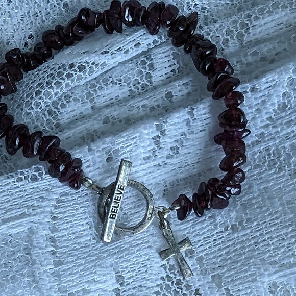 Genuine Natural Garnet Bracelet with Sterling Silver Closure, Cross and Believe - Picture 3 of 5